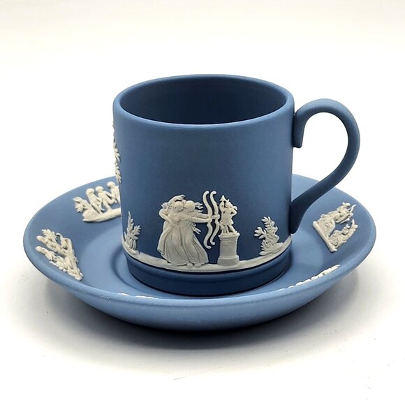 WEDGWOOD Vintage Blue Jasperware Tea Cup and Saucer Neoclassical Demitasse - Picture 2 of 10
